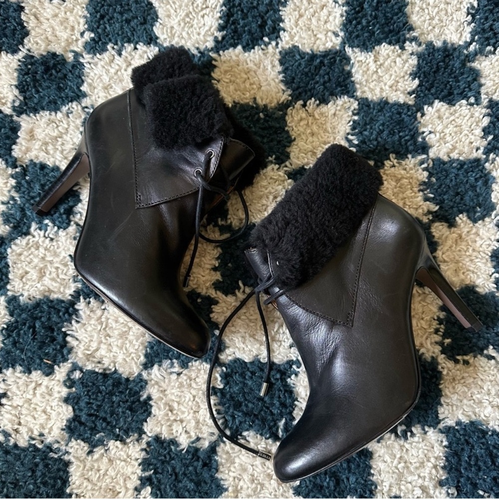 Coach Black Leather Ankle Boots with Fur Trim